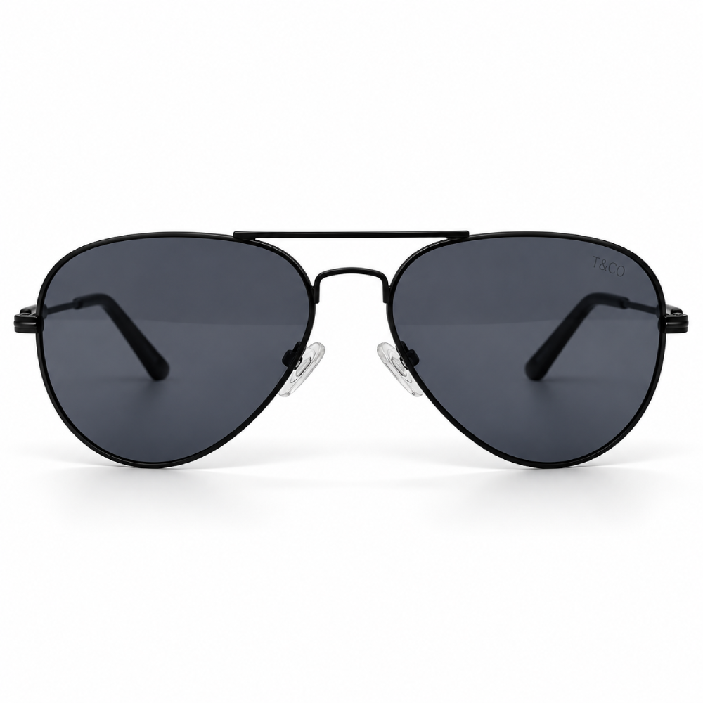 Aviador negro · montura metálica y lentes gris oscuro