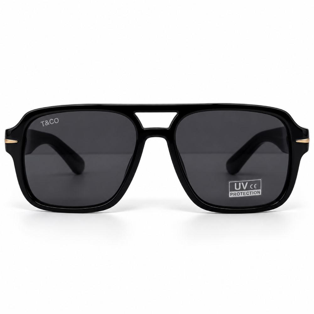 Negro · lentes gris oscuro · aviador rectangular