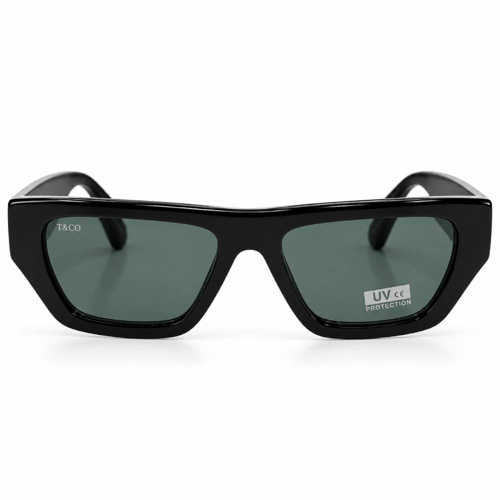 Negro · lentes verde grisáceo oscuro · rectangular angulosa