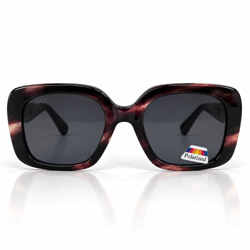Granate marrón oscuro · lentes gris oscuro polarizadas · montura ovalada
