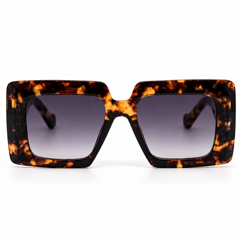 Carey marrón oscuro y ámbar · lentes gris oscuro · rectangular gruesa