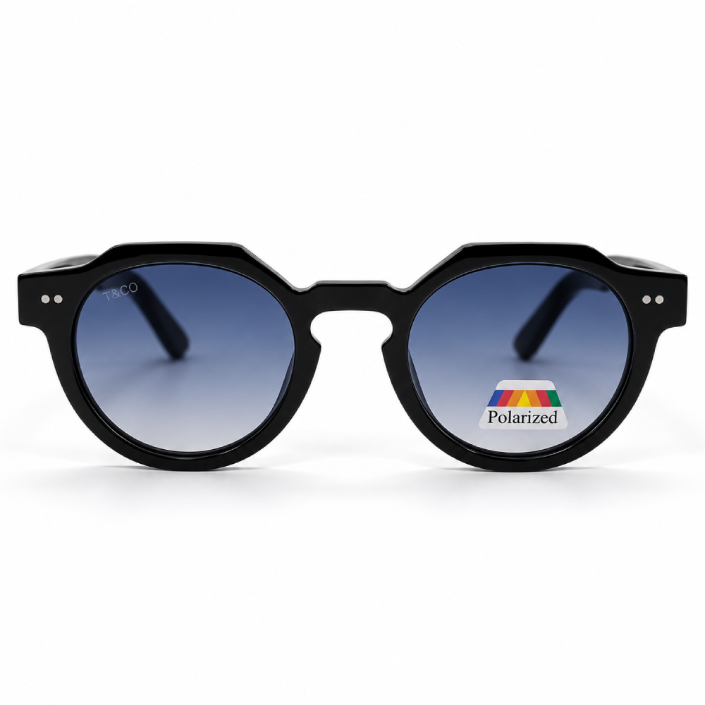 Negro brillante · lentes gris degradado polarizadas · montura redonda