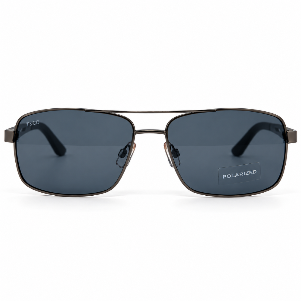 Gris metálico oscuro · lentes gris azulado oscuro polarizadas · rectangular metálico de doble puente