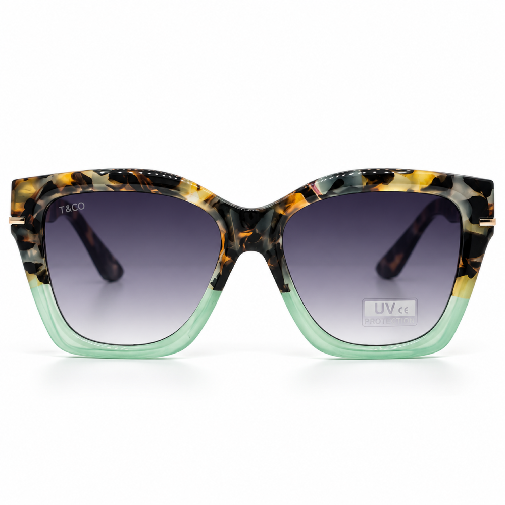 Carey multicolor y verde menta · lentes gris degradado · estilo ojo de gato