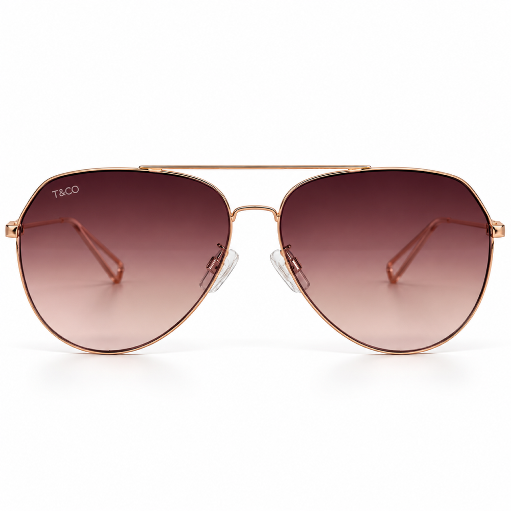 Dorado rosado · lentes marrón degradado · aviador metálico de doble puente
