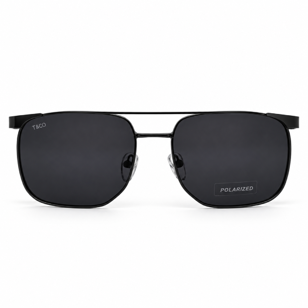 Gris antracita metálico · lentes gris oscuro polarizadas · rectangular metálico de doble puente