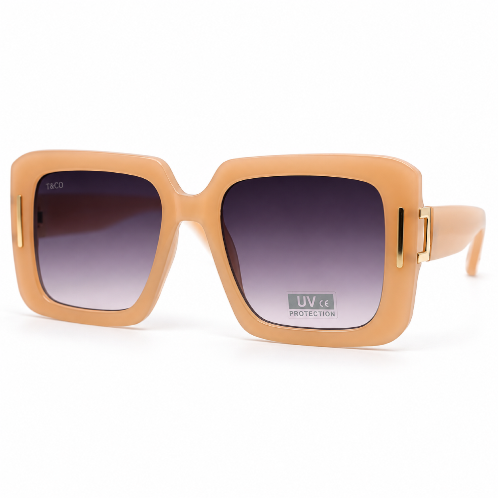 Rosa nude / melocotón · lentes marrón grisáceo degradado · montura cuadrada oversize con detalles dorados