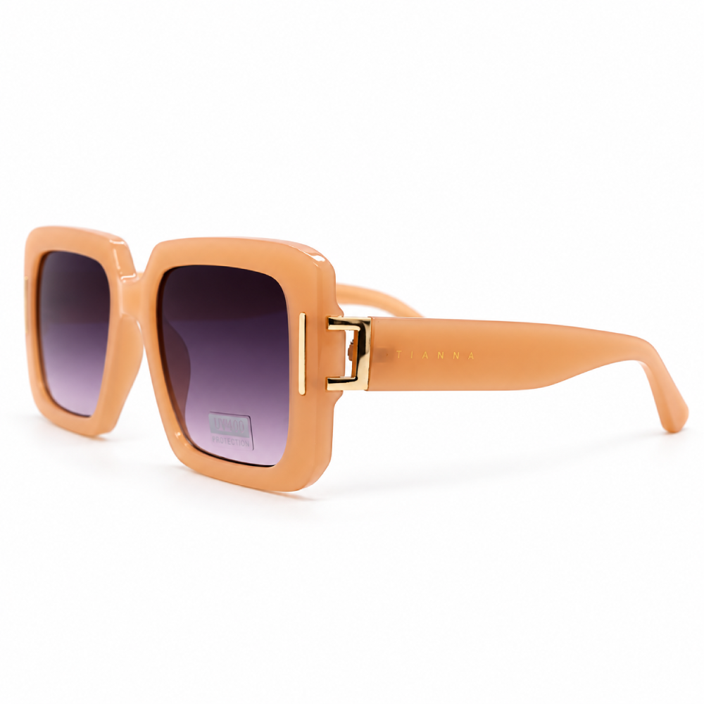 Rosa nude / melocotón · lentes marrón grisáceo degradado · montura cuadrada oversize con detalles dorados - Imagen 3