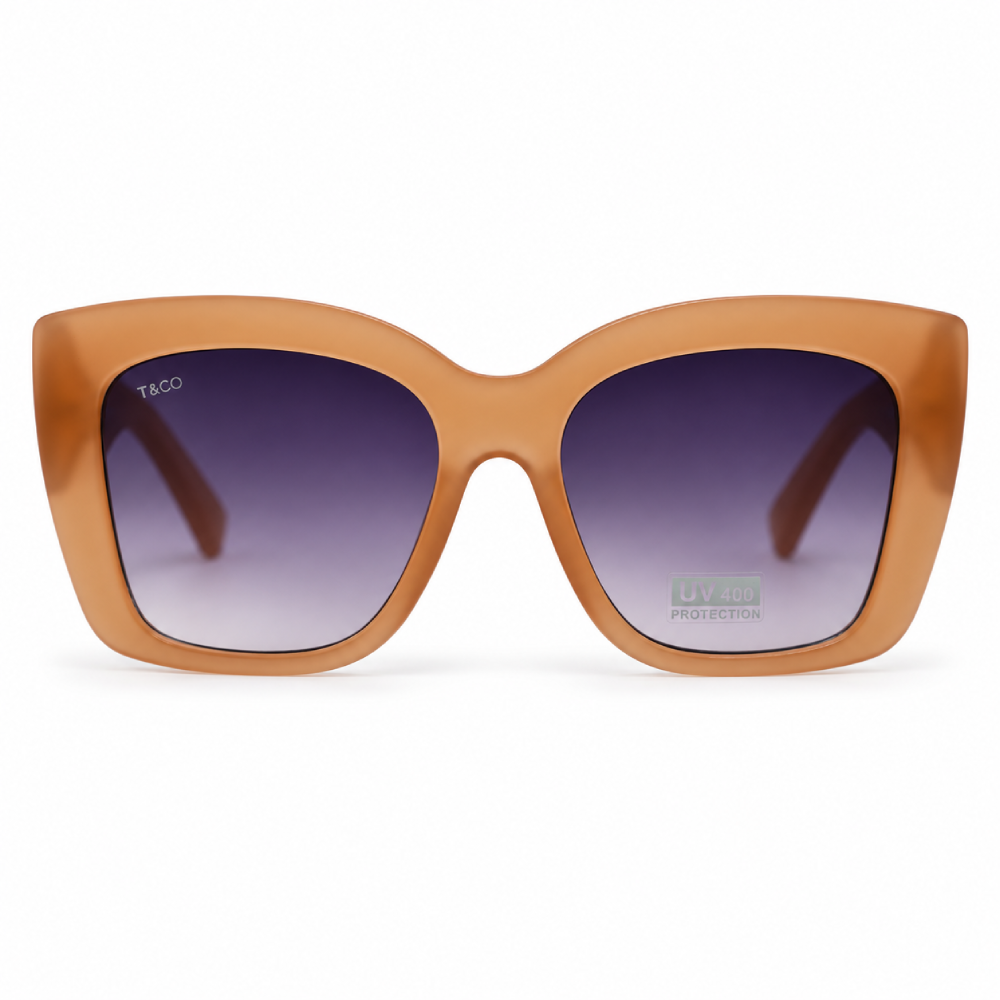 Beige topo / rosa empolvado · lentes gris marrón degradado · montura rectangular gruesa