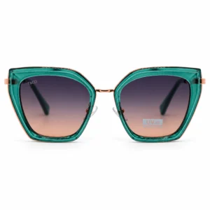Verde agua translúcido · lentes gris a marrón degradado · montura geométrica oversize con puente metálico dorado rosado